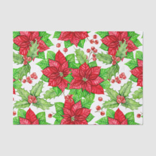 Poinsettia and holly berry watercolor Christmas Tissue Paper