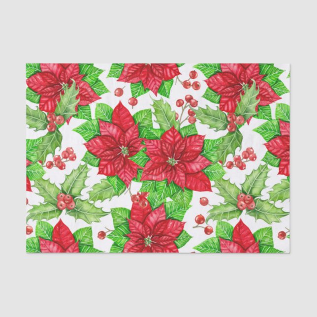 Poinsettia and holly berry watercolor Christmas Tissue Paper (Front)
