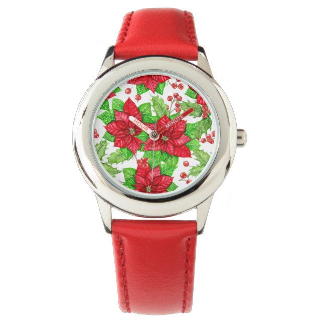 Poinsettia and holly berry watercolor Christmas Watch (Front)