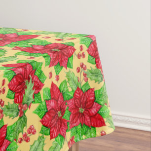Poinsettia and holly berry watercolor tablecloth