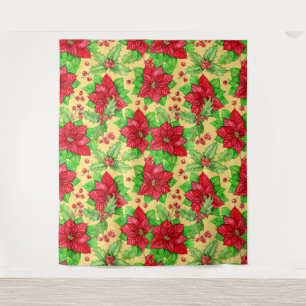 Poinsettia and holly berry watercolor tapestry