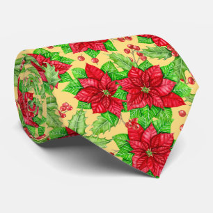 Poinsettia and holly berry watercolor tie