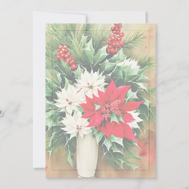 Poinsettia and holly bouquet budget Christmas Holiday Card (Front)