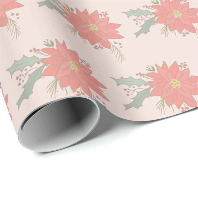 Poinsettia and holly sprays holiday wrapping paper (Roll Corner)
