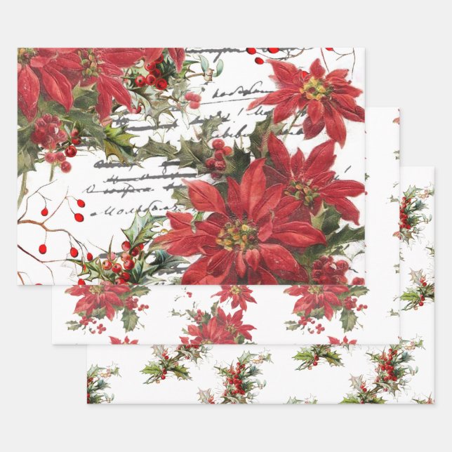 Poinsettia and holly wrapping paper sheet (Set)