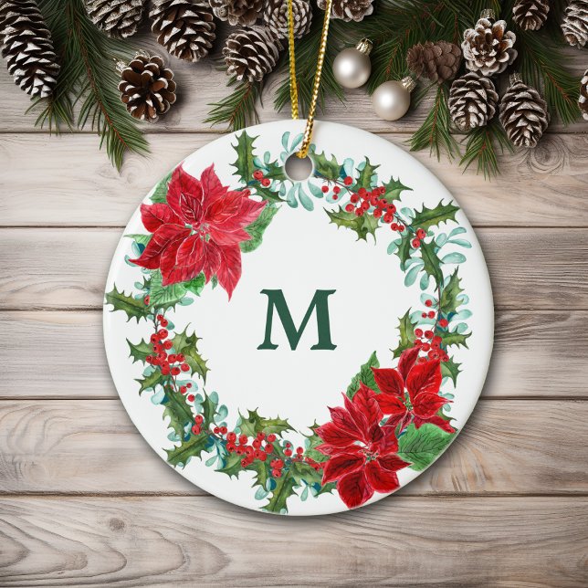 Poinsettia and Holly Wreath Christmas Ceramic Tree Decoration (Creator Uploaded)