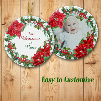 Poinsettia and Holly Wreath Nana First Christmas Ceramic Tree Decoration