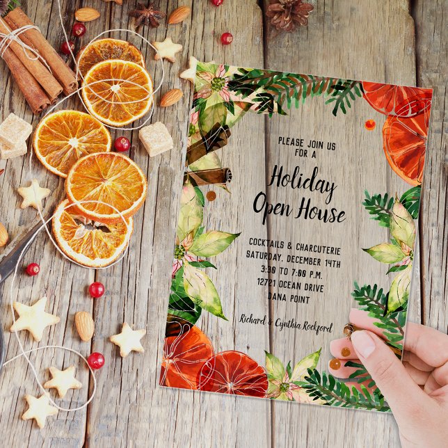 Poinsettia and Oranges Christmas Acrylic Invitations (Poinsettias, orange slices, cinnamon sticks and greens ACRYLIC Christmas party invitations)