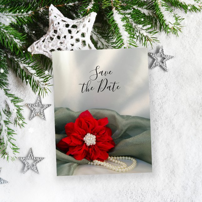 Poinsettia and Pearls Winter Wedding Save the Date Announcement Postcard (Announce your December marriage with the festive Poinsettia and Pearls Save the Date Postcard. )