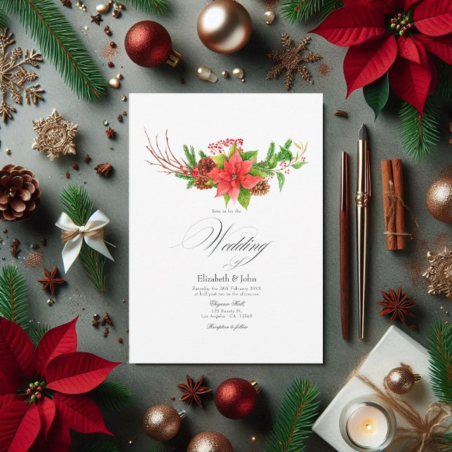 Poinsettia and Pine Christmas Wedding Charm Invitation (Poinsettia and Pine Christmas Wedding Charm Invitation)