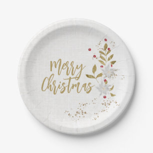 Poinsettia and Red Berries Elegant Holiday Party Paper Plate