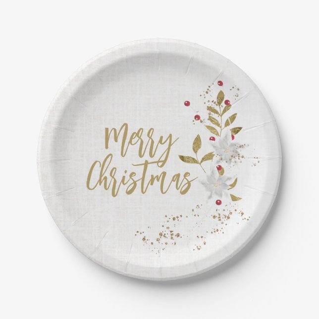 Poinsettia and Red Berries Elegant Holiday Party Paper Plate (Front)