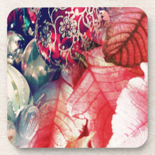 Poinsettia and Vintage Christmas Ornaments Digital Coaster