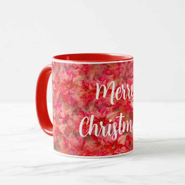 Poinsettia Art Red Flowers Christmas Mug Cup (Front Left)