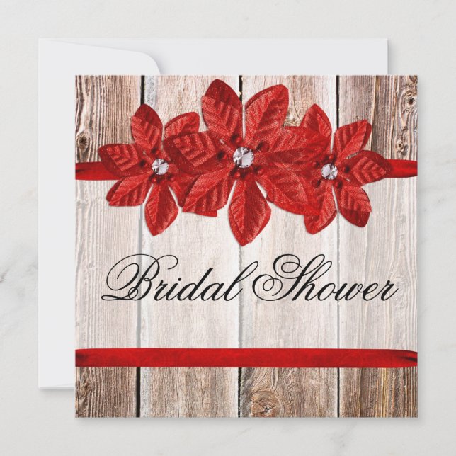Poinsettia Barn Wood Red Ribbon Bridal Shower Invitation (Front)