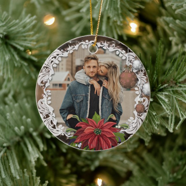 Poinsettia Bauble | Ornate Christmas Holiday Photo Ceramic Tree Decoration (Tree)