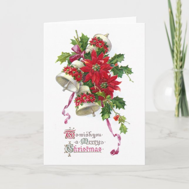 Poinsettia Bells and Holly Vintage Christmas Holiday Card (Front)