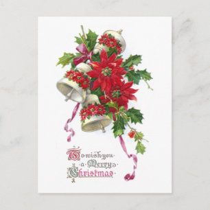 Poinsettia Bells and Holly Vintage Christmas Holiday Postcard