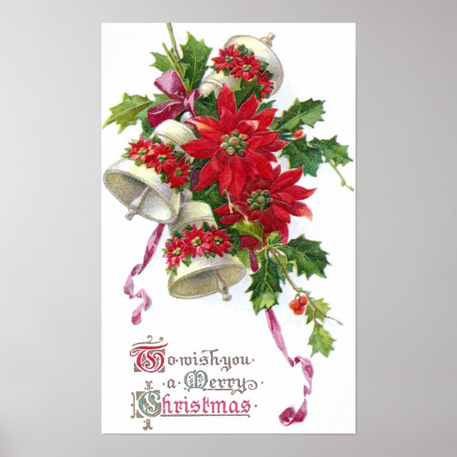 Poinsettia Bells and Holly Vintage Christmas Poster (Front)
