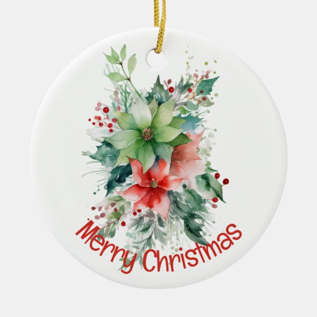 Poinsettia Berries And Leaves Christmas  Ceramic Tree Decoration (Front)