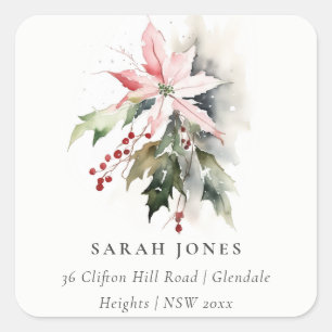 Poinsettia Berries Foliage Watercolor Address Square Sticker