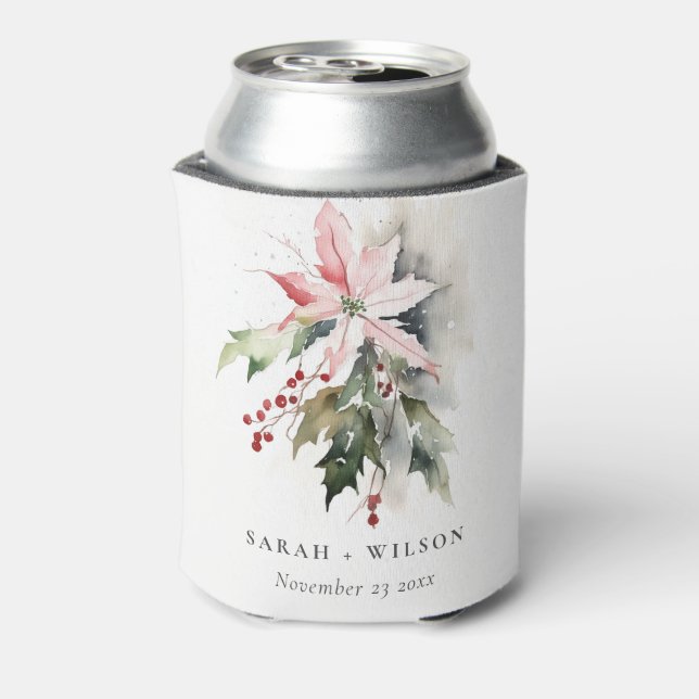 Poinsettia Berries Foliage Watercolor Wedding Can Cooler (Can Back)