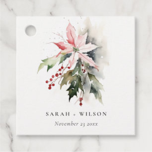 Poinsettia Berries Foliage Watercolor Wedding Favour Tags