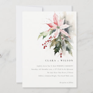 Poinsettia Berries Foliage Watercolor Wedding Invitation