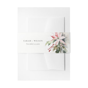 Poinsettia Berries Foliage Watercolor Wedding Invitation Belly Band