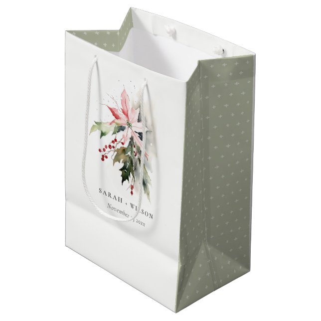 Poinsettia Berries Foliage Watercolor Wedding Medium Gift Bag (Front Angled)