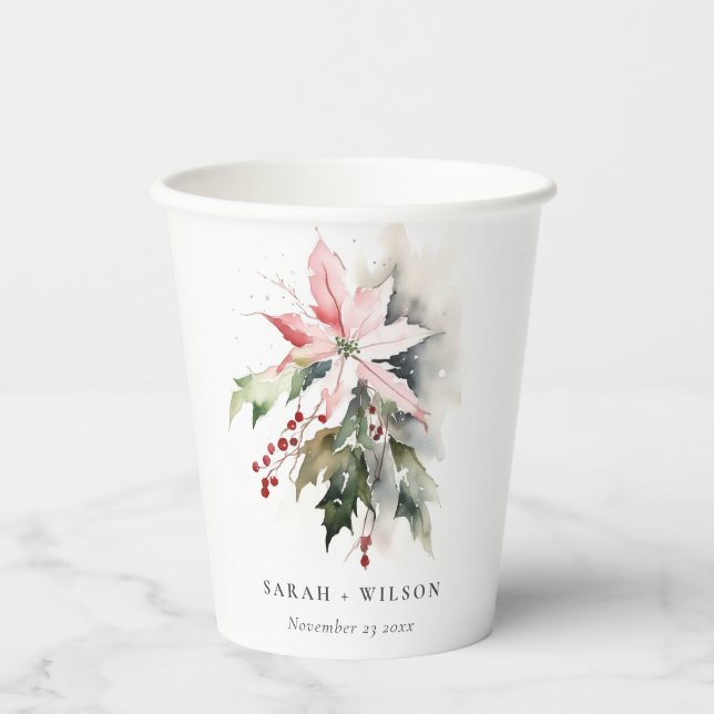 Poinsettia Berries Foliage Watercolor Wedding Paper Cups (Front)