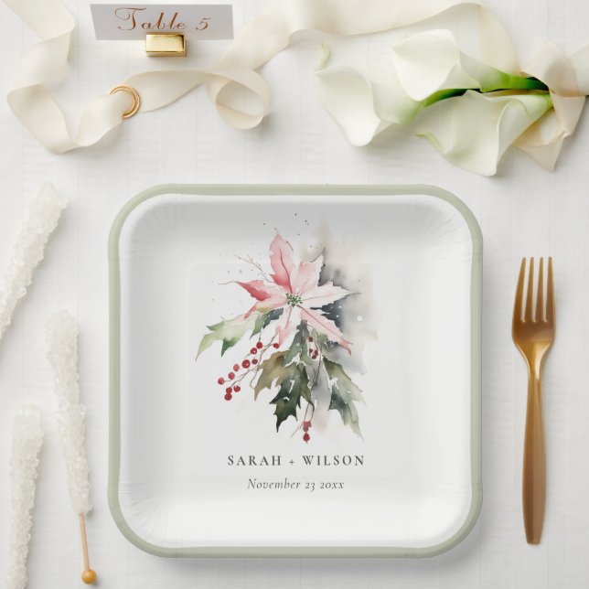 Poinsettia Berries Foliage Watercolor Wedding Paper Plate (Wedding)