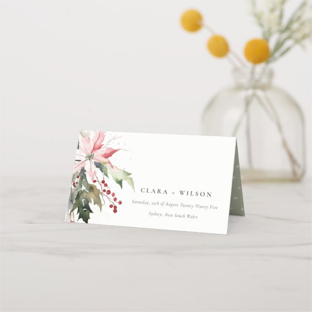 Poinsettia Berries Foliage Watercolor Wedding Place Card (Front)