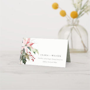 Poinsettia Berries Foliage Watercolor Wedding Place Card