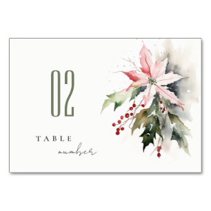 Poinsettia Berries Foliage Watercolor Wedding Table Number