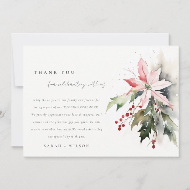 Poinsettia Berries Foliage Watercolor Wedding Thank You Card (Front)
