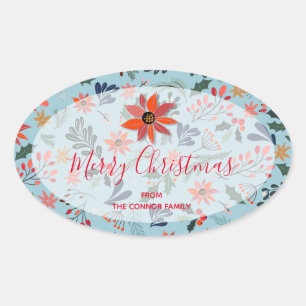 Poinsettia Berries Leaves Holiday Christmas Oval Sticker