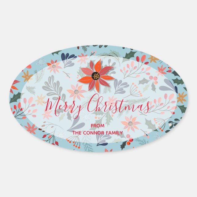 Poinsettia Berries Leaves Holiday Christmas Oval Sticker (Front)