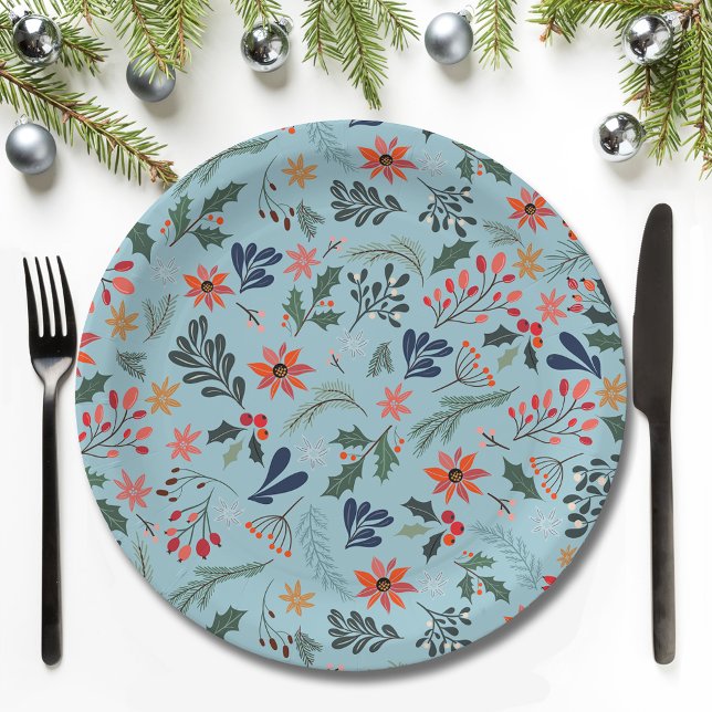 Poinsettia Berries Leaves Holiday Christmas Paper Plate (Poinsettia Berries Leaves Holiday Christmas Paper Plates)