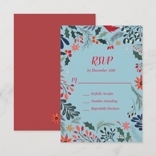 Poinsettia Berries Leaves Holiday Christmas RSVP Card (Front/Back)