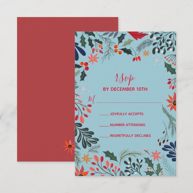 Poinsettia Berries Leaves Holiday Christmas RSVP Card (Front/Back)