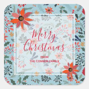 Poinsettia Berries Leaves Holiday Christmas Square Sticker
