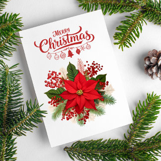 Poinsettia Berries Ornaments Merry Christmas Holiday Card