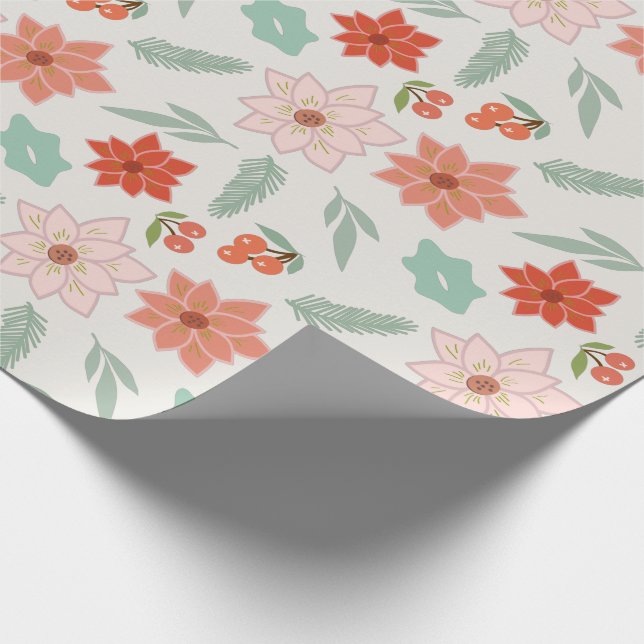 Poinsettia Berry Cream White Christmas Wrapping Paper (Corner)
