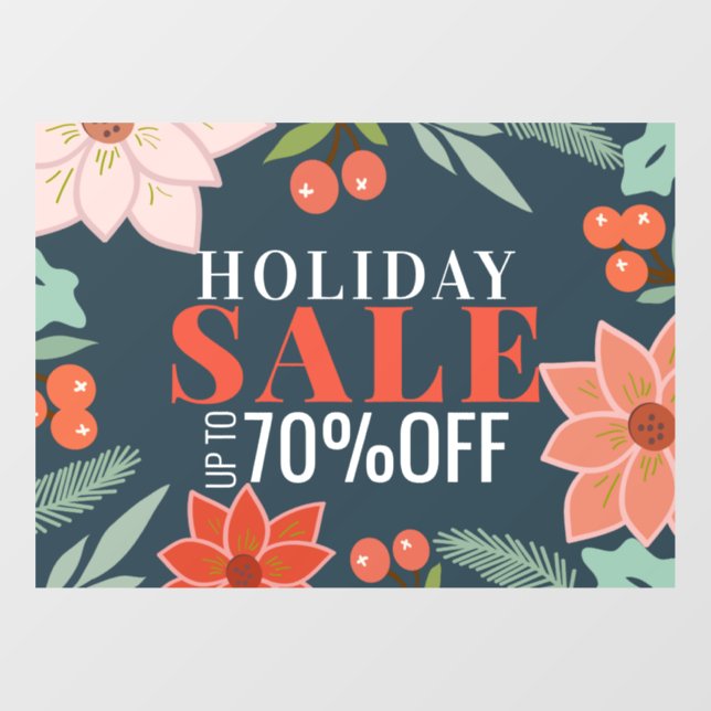 Poinsettia & Berry Floral Holiday Sale Navy Window Cling (Sheet)
