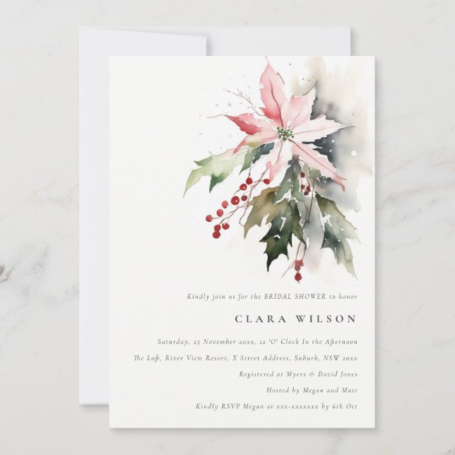 Poinsettia Berry Foliage Watercolor Bridal Shower Invitation (Front)