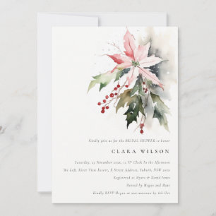 Poinsettia Berry Foliage Watercolor Bridal Shower Invitation
