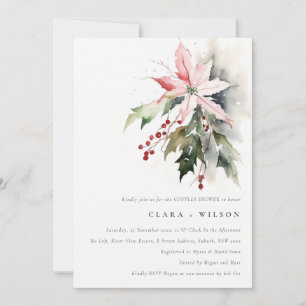 Poinsettia Berry Foliage Watercolor Couples Shower Invitation