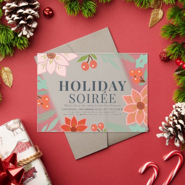 Poinsettia & Berry Holiday Soirée Party Clear Acrylic Invitations (Insitu (Holiday))