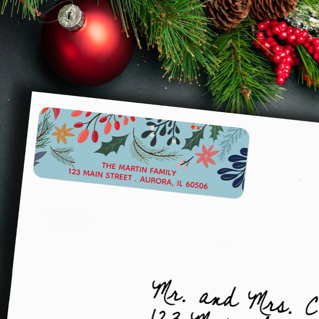 Poinsettia Berry Leaves Christmas Holiday Address (Winter flowers, berries and leaves on blue Christmas holiday return address labels)